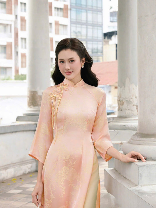 H845 4351 Áo only no pants - Áo dài dáng truyền thống chiết li eo lụa gấm màu cam nhạt