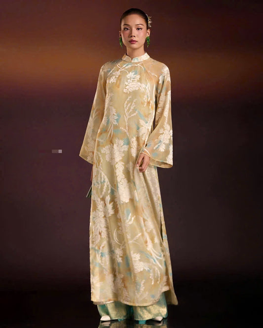 H837 4356 Áo only no pants - Áo dài dáng suông tơ hoa cao cấp