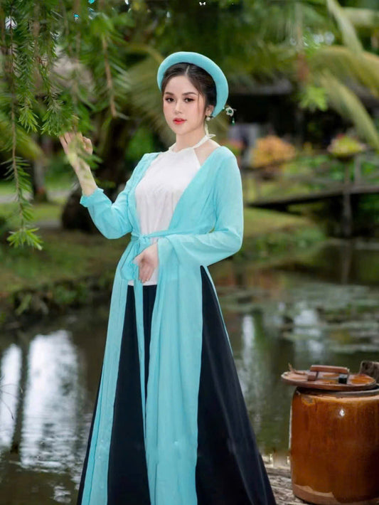 Y20 4358 - Set tứ thân gồm mấn + yếm trắng + áo khoác xanh ngọc + váy đen