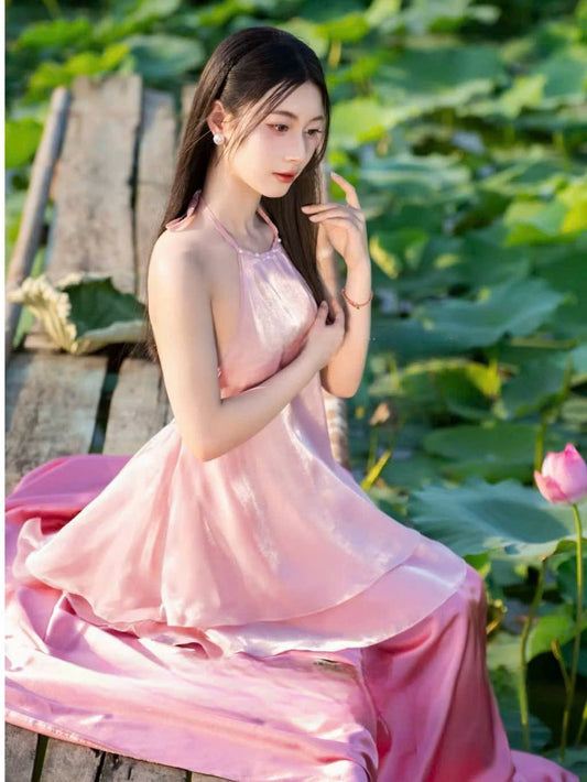 Y24 4364 - Set áo yếm kèm váy màu hồng