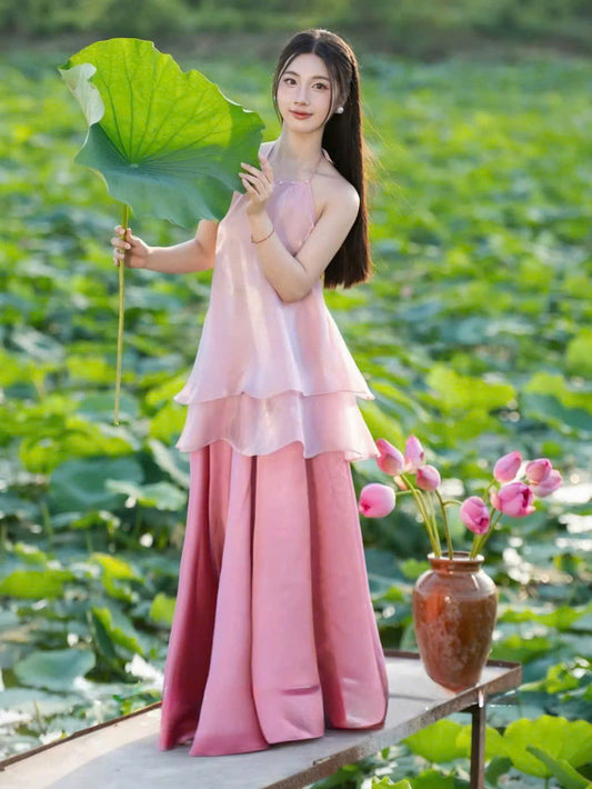 Y24 4364 - Set áo yếm kèm váy màu hồng