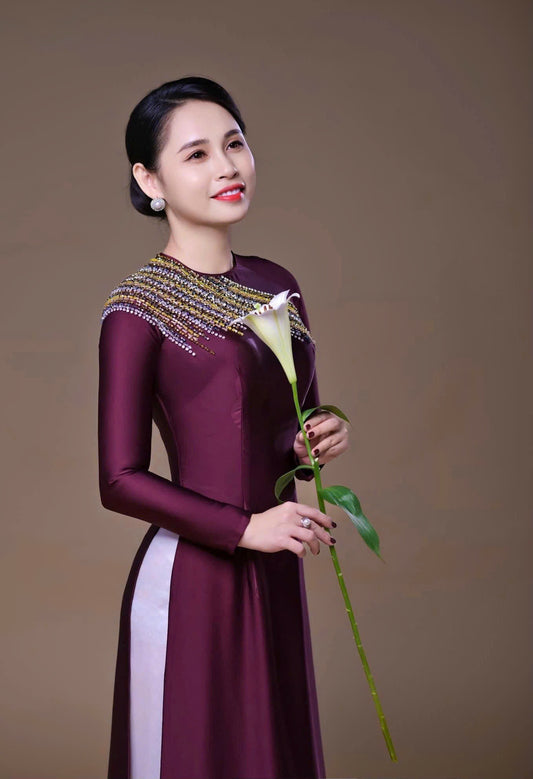 S335 4405 Áo only no pants - Áo dài lụa mã não 4D đính kết màu tím cẩm