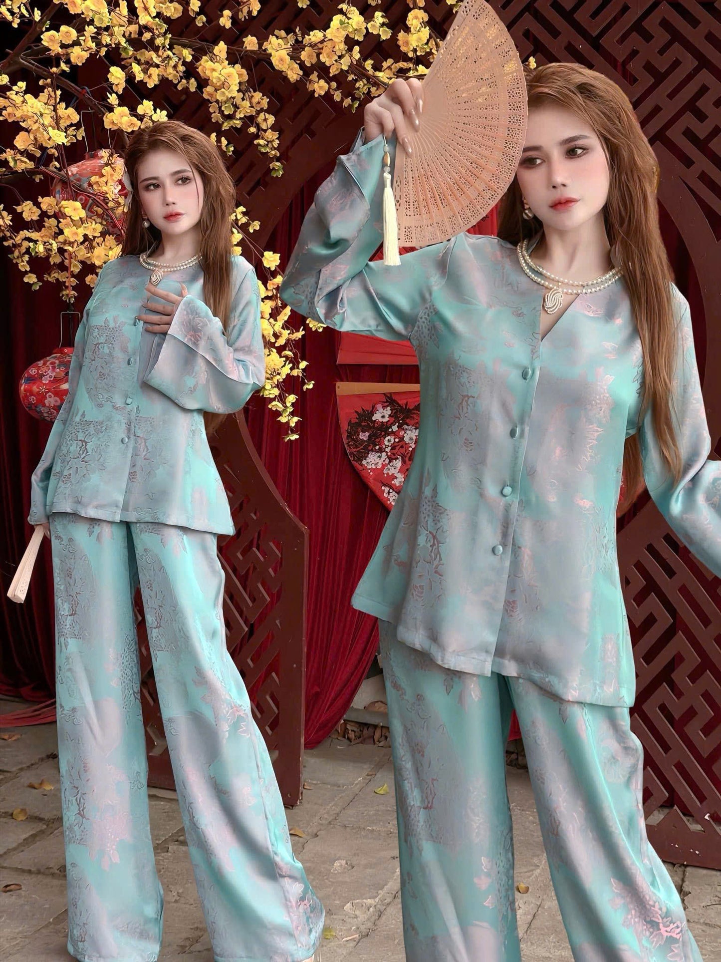 BB240 - Set đồ bộ áo cổ V lụa 2 da