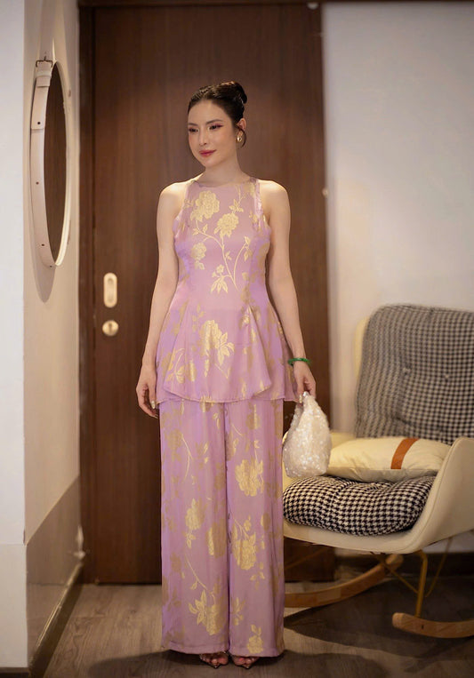 BB238 4419 - Set đồ bộ lụa silk óng màu tím cà
