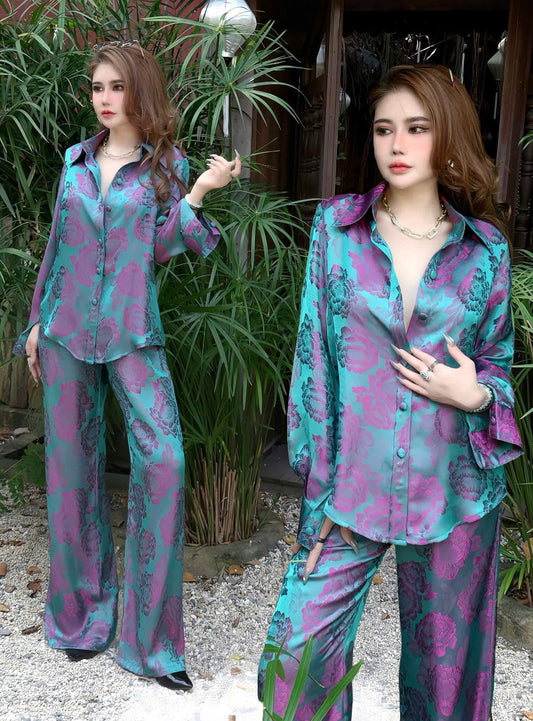 BB243 4425 - Set đồ bộ lụa silk óng cổ sơ mi