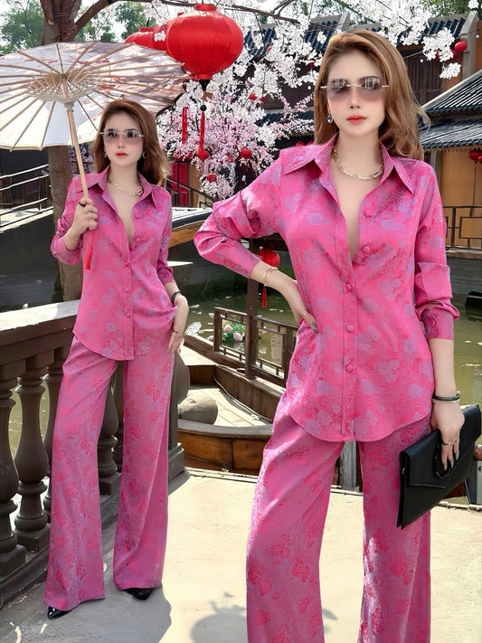 BB242 4424 - Set đồ bộ lụa silk óng cổ sơ mi màu hồng sen