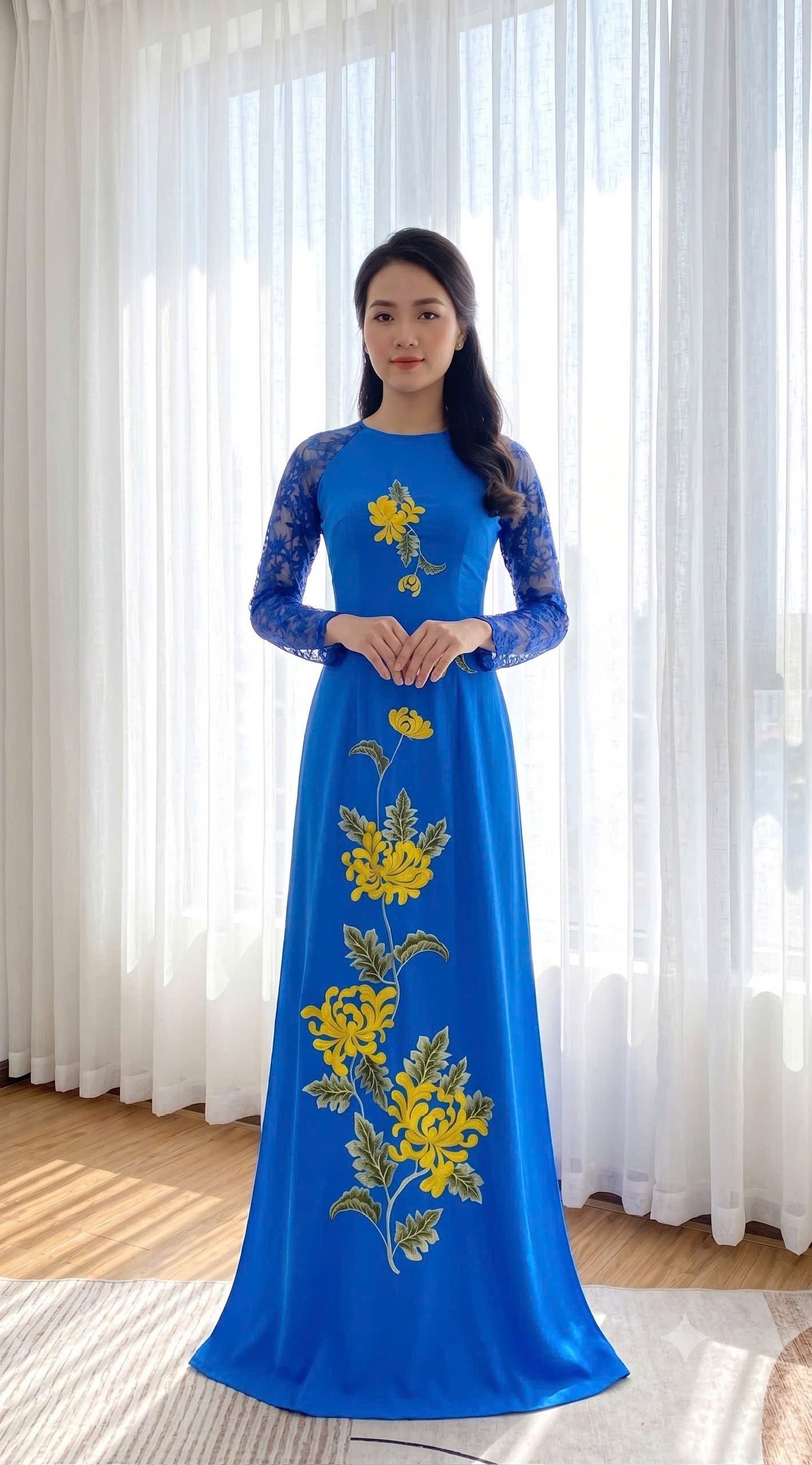 H852 4444 Áo only no pants - Áo dài thêu hoa màu xanh thiên thanh cổ thuyền tay ren