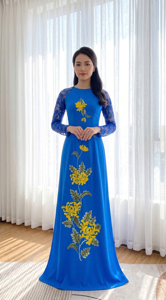 H852 4444 Áo only no pants - Áo dài thêu hoa màu xanh thiên thanh cổ thuyền tay ren