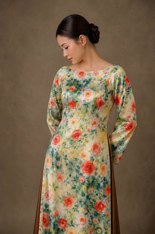 H850 4445 Áo only no pants - Áo dài lụa mẫu đơn cao cấp