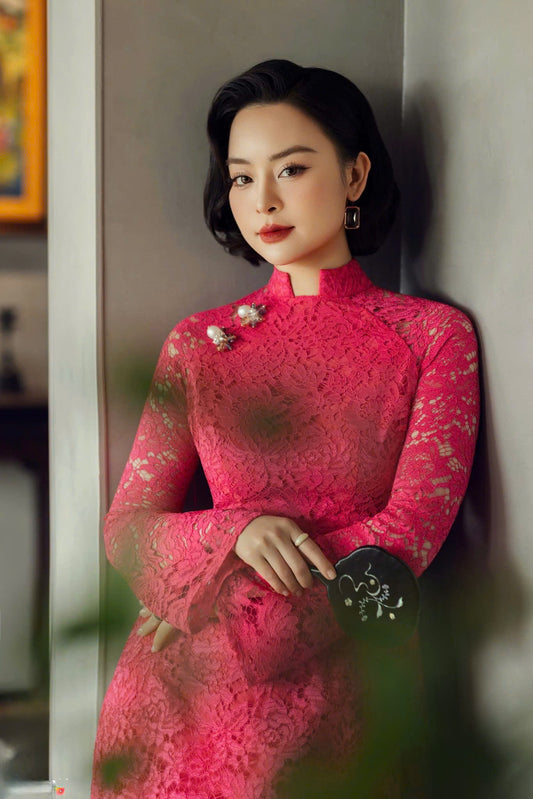 R33 4447 Áo only no pants - Áo dài 4 tà ren hồng sen