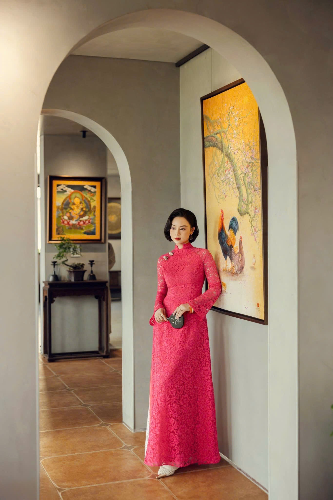 R33 4447 Áo only no pants - Áo dài 4 tà ren hồng sen