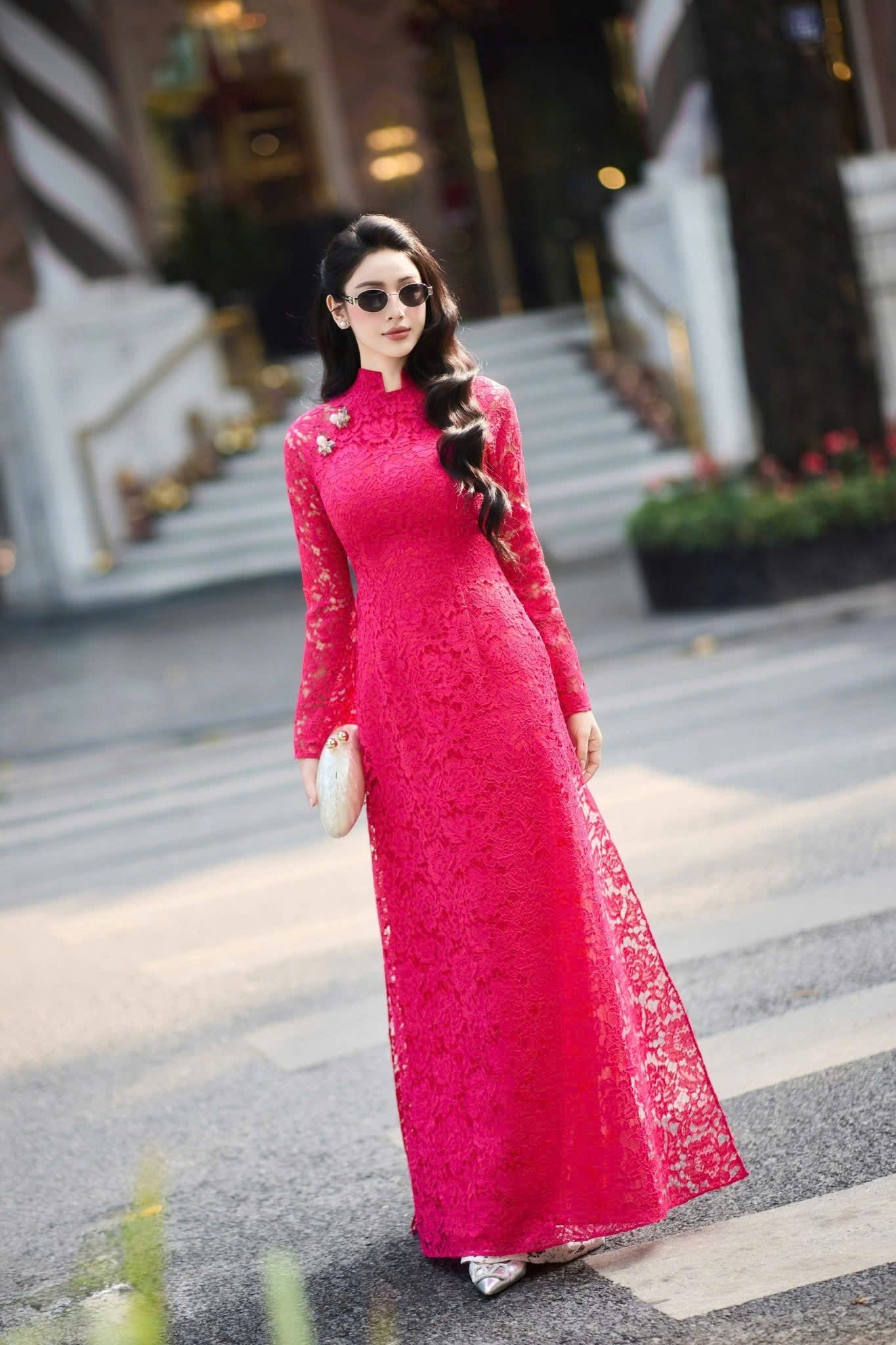 R33 4447 Áo only no pants - Áo dài 4 tà ren hồng sen