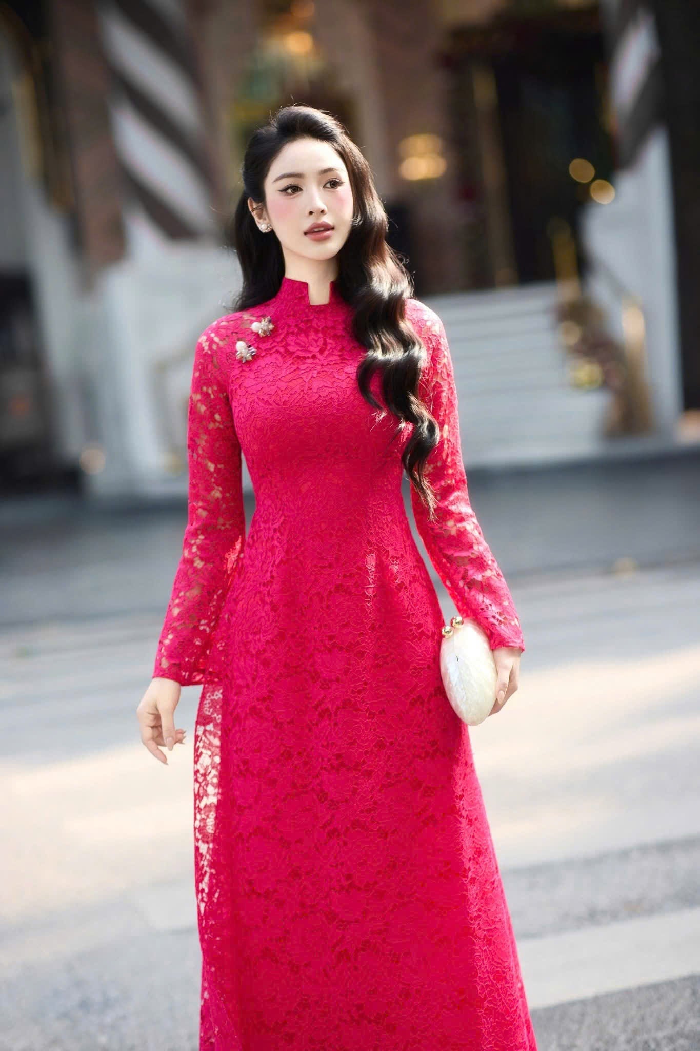 R33 4447 Áo only no pants - Áo dài 4 tà ren hồng sen
