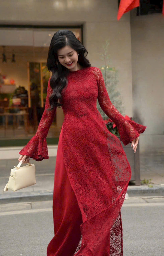 R34 4448 Áo only no pants - Áo dài ren hoa nhung đỏ đậm