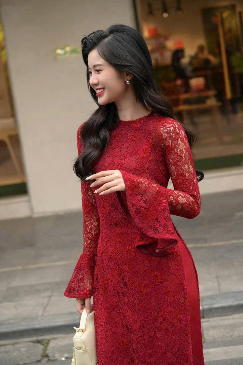 R34 4448 Áo only no pants - Áo dài ren hoa nhung đỏ đậm