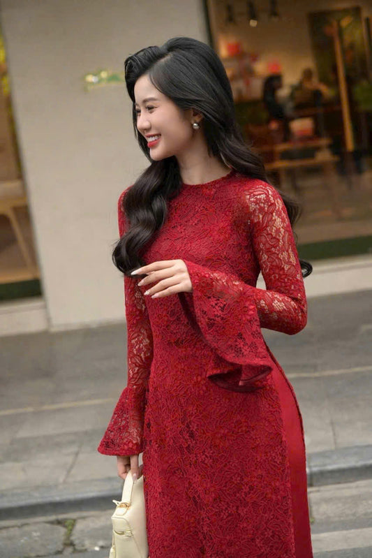 R34 4448 Áo only no pants - Áo dài ren hoa nhung đỏ đậm