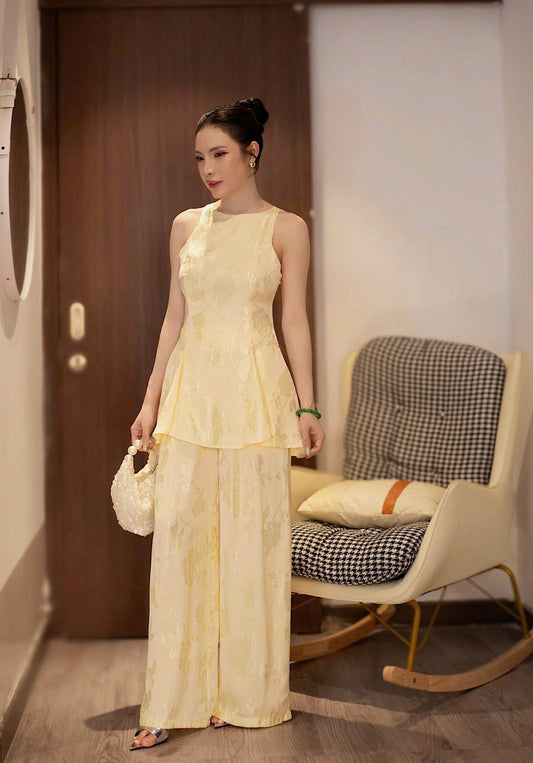 BB254 4452 - Set đồ bộ áo sát nách lụa silk óng màu vàng nhạt