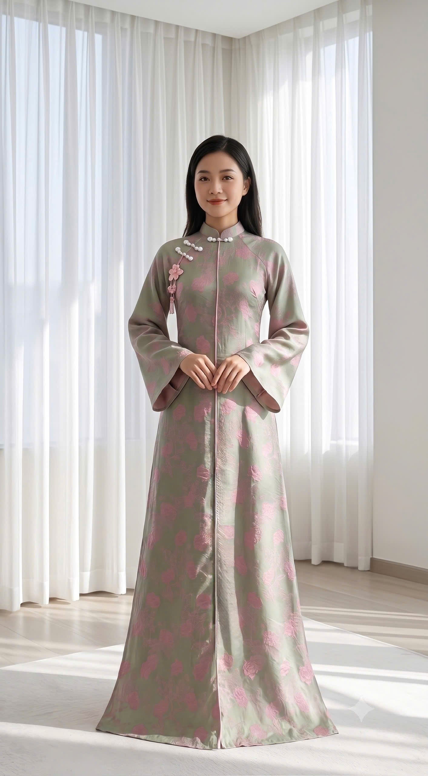H853 4462 Áo only no pants - Áo dài dáng suông 2 tà lụa silk óng xám ánh hồng