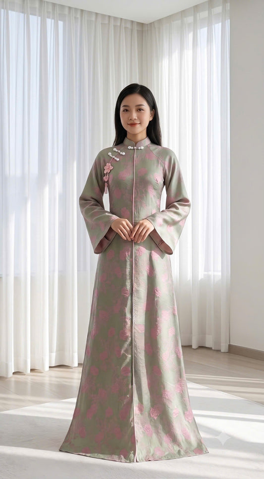 H853 4462 Áo only no pants - Áo dài dáng suông 2 tà lụa silk óng xám ánh hồng