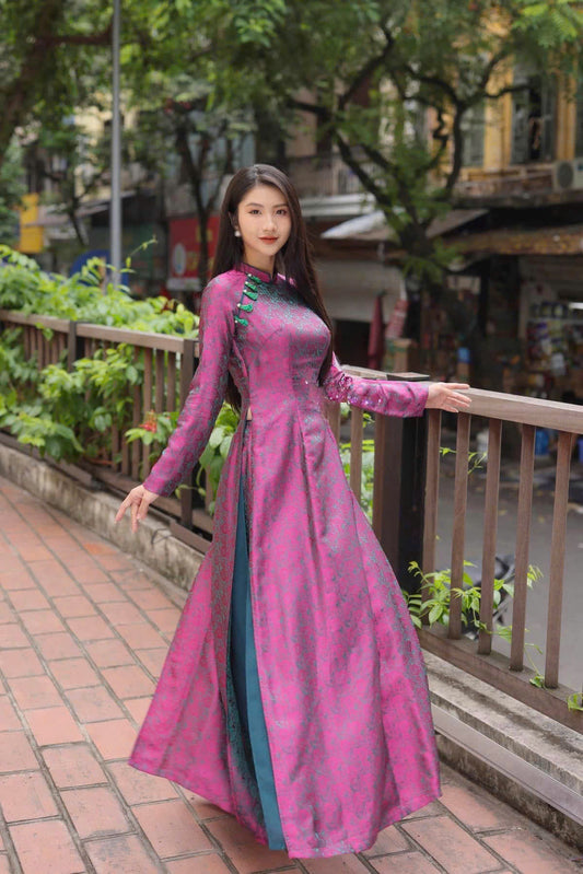 HD162 4463 Áo + quần nha xá - Áo dài dáng truyền thống chiết li eo 4 tà lót tơ