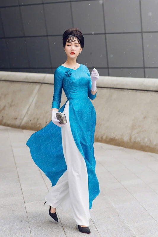 HD160 4467 Áo only no pants - Áo dài dáng truyền thống chiết li eo màu xanh thiên thanh lụa nha xá