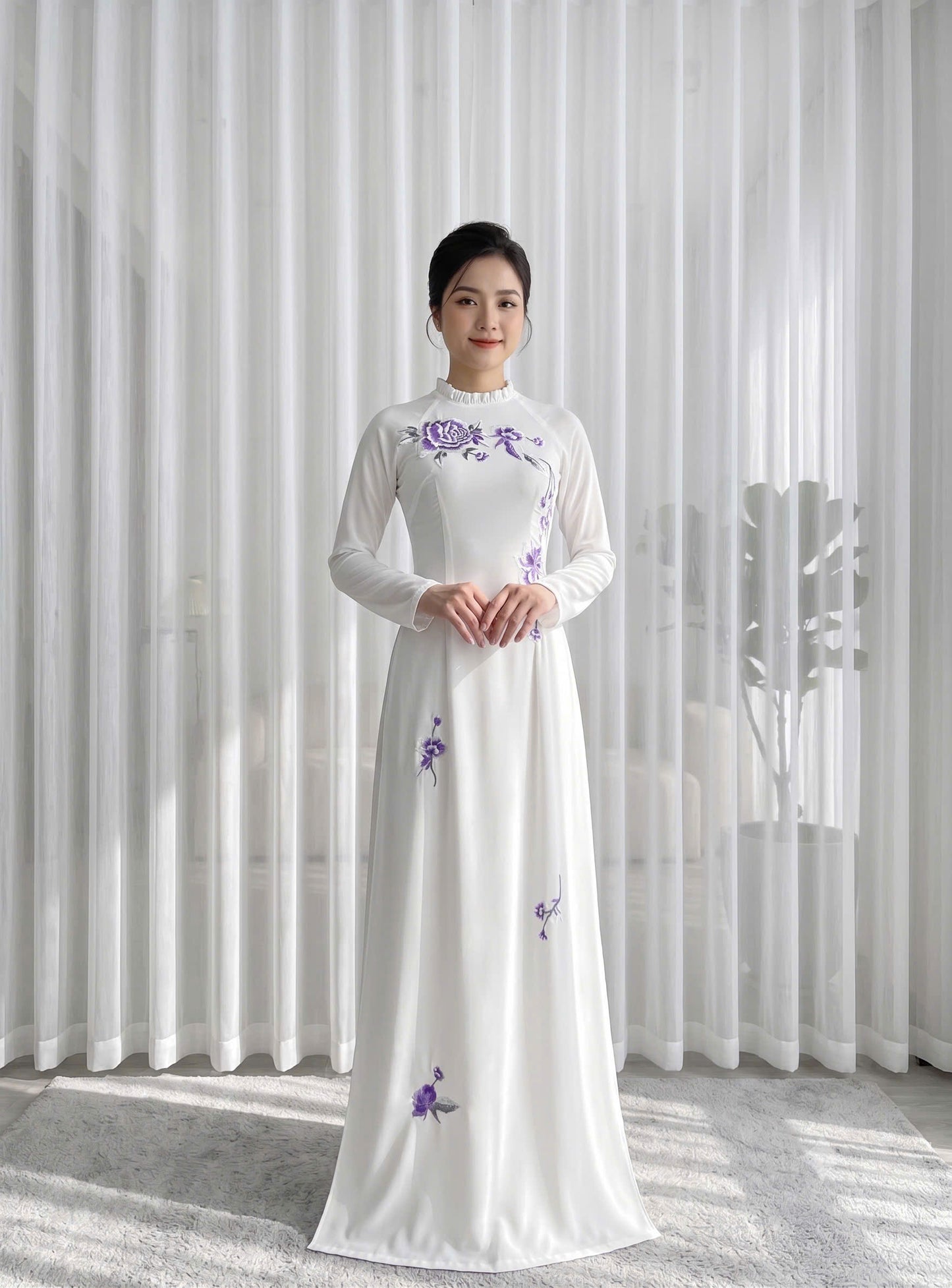 C80 Áo only no pants - Áo dài chiffon trắng 4 tà thêu hoa cổ nhún