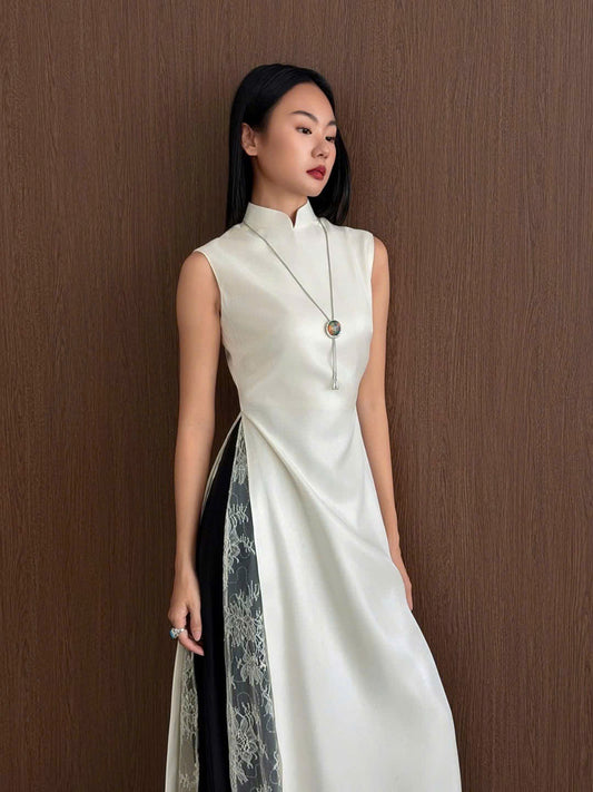 HD167 Áo only no pants - Áo dài 4 tà lụa nha xá trơn lót ren