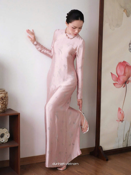 V20 - Đầm lụa nha xá tay dài màu hồng