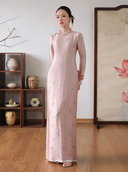 V20 - Đầm lụa nha xá tay dài màu hồng