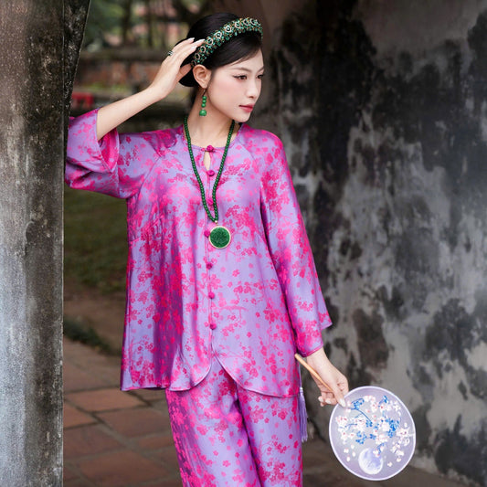 BB261 - Set bà ba lụa tằm tuyết mai màu hồng sen