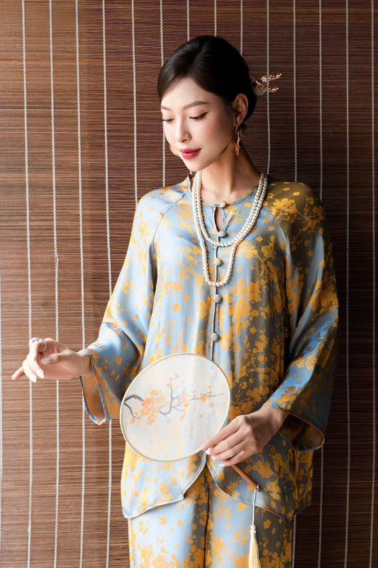 BB260 - Set bà ba lụa tằm tuyết mai màu vàng xám