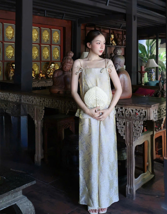 Y41 - Set đồ bộ áo 2 dây lụa tằm ánh kim thọ dơi
