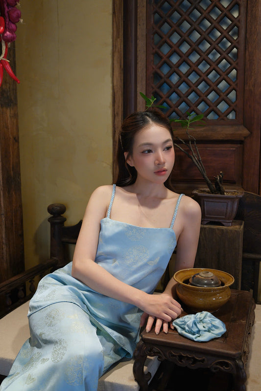 Y37 - Set đồ bộ áo 2 dây lụa 2 da màu xanh ngọc