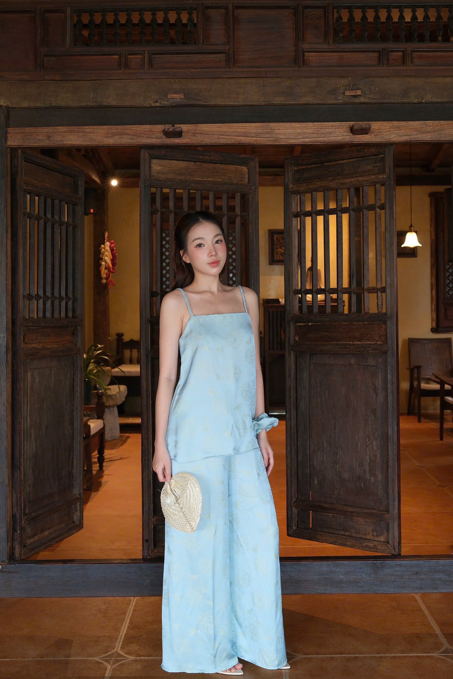 Y37 - Set đồ bộ áo 2 dây lụa 2 da màu xanh ngọc