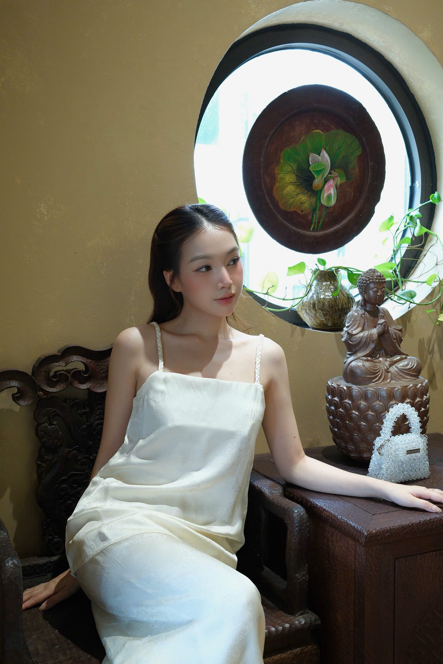 Y39 - Set đồ bộ áo 2 dây lụa 2 da màu trắng kem