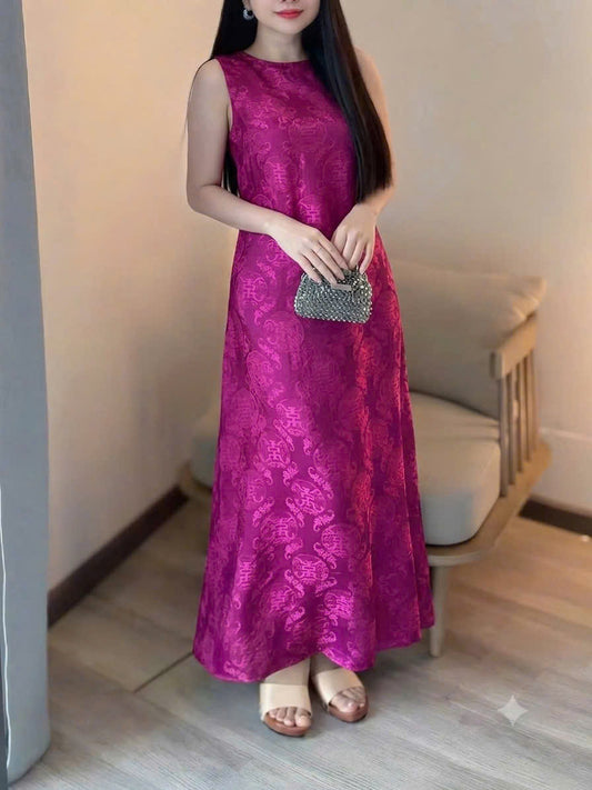 V25 4554 - Đầm sát nách dáng dài lụa tằm tencel thọ dơi
