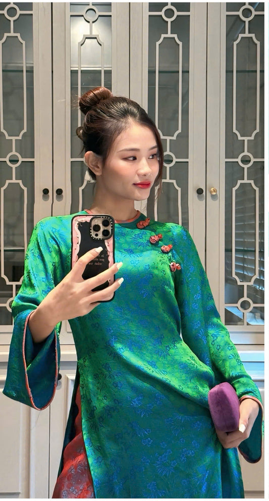 M589 4568 Áo + quần cùng chất - Áo dài dáng suông lụa tằm Thiều Hoa màu xanh lá