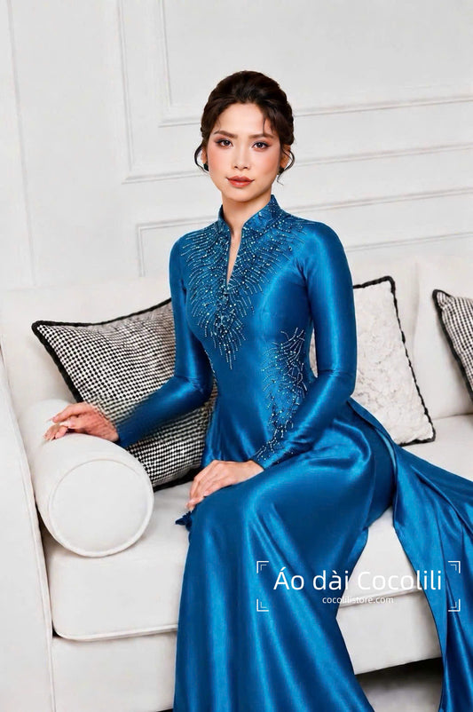S338 Áo only no pants - Áo dài thiết kế đính kết lụa bảo ngọc màu xanh