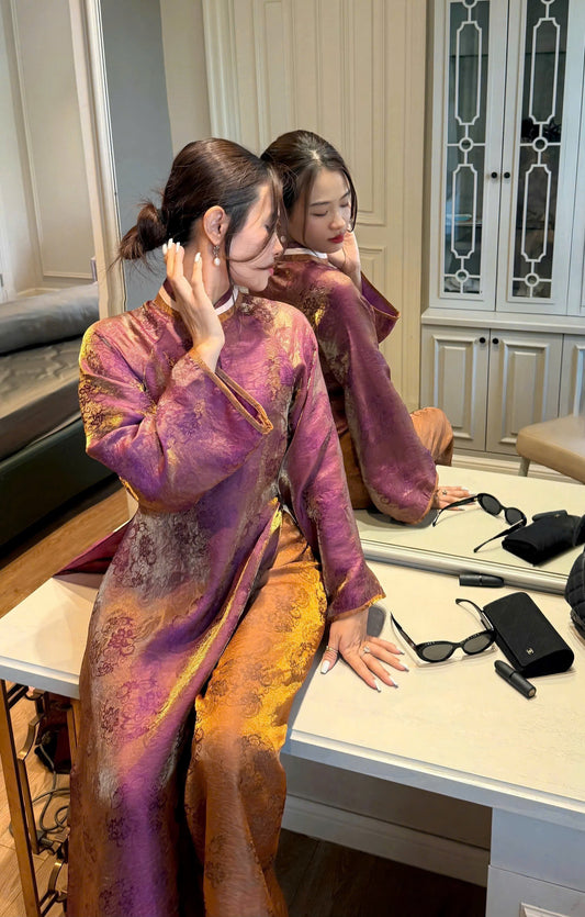 M590 Áo + quần cùng chất - Áo dài dáng suông 2 tà lụa tằm ánh kim tencel