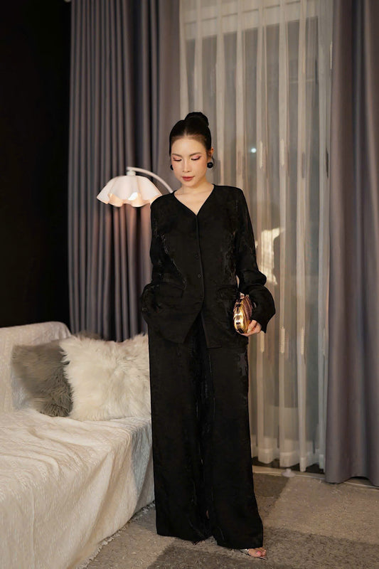 BB2741 4597 - Set bà ba cổ tim lụa tằm ánh kim tencel màu đen