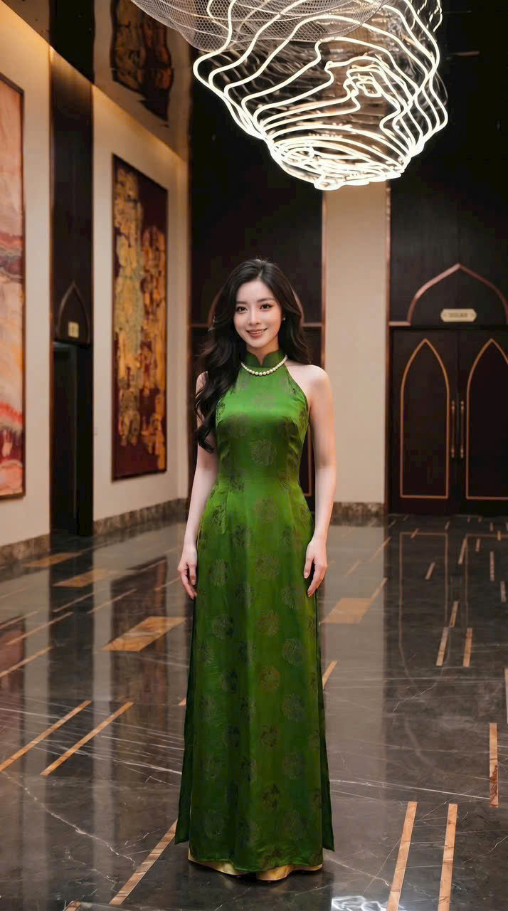 Y49 4598 - Áo dài cổ yếm màu xanh lá