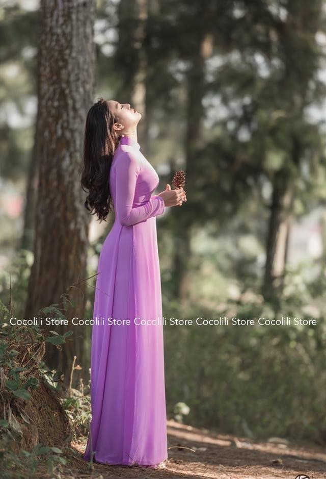 C92 Áo only no pants - Áo dài chiffon 4 tà màu tím cà cổ 4cm
