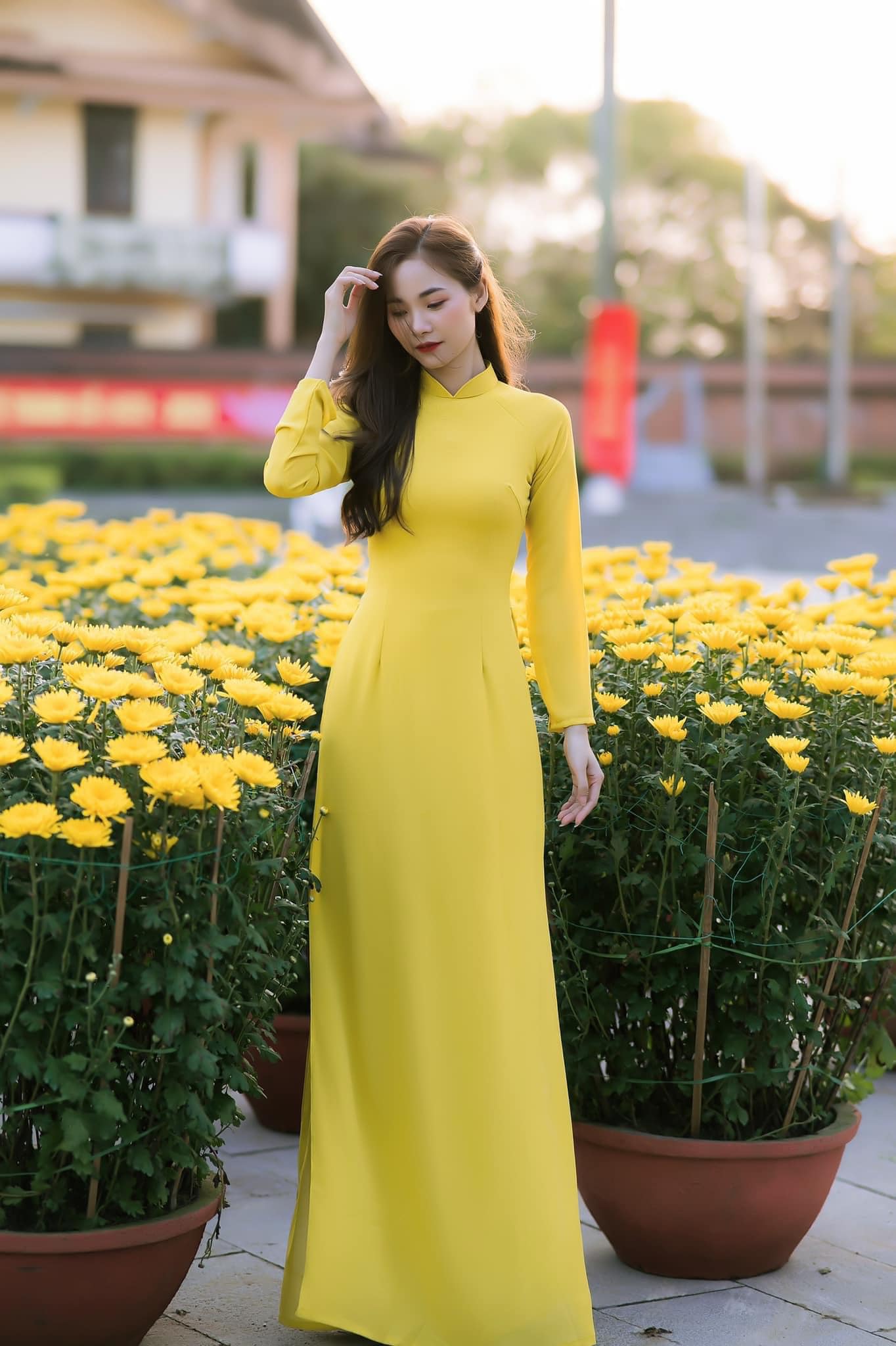 760 shipnhanh Áo + quần - Áo dài lụa chiffon 4 tà màu vàng - Cocolilistore