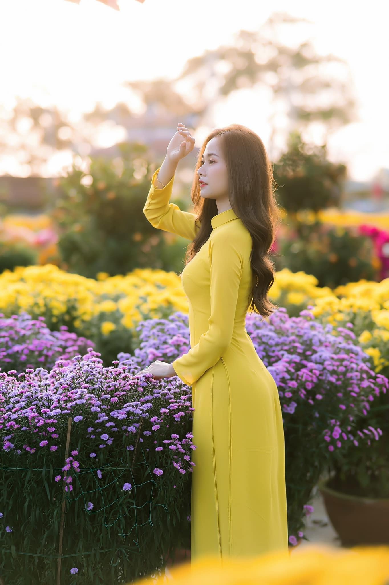 760 shipnhanh Áo + quần - Áo dài lụa chiffon 4 tà màu vàng - Cocolilistore