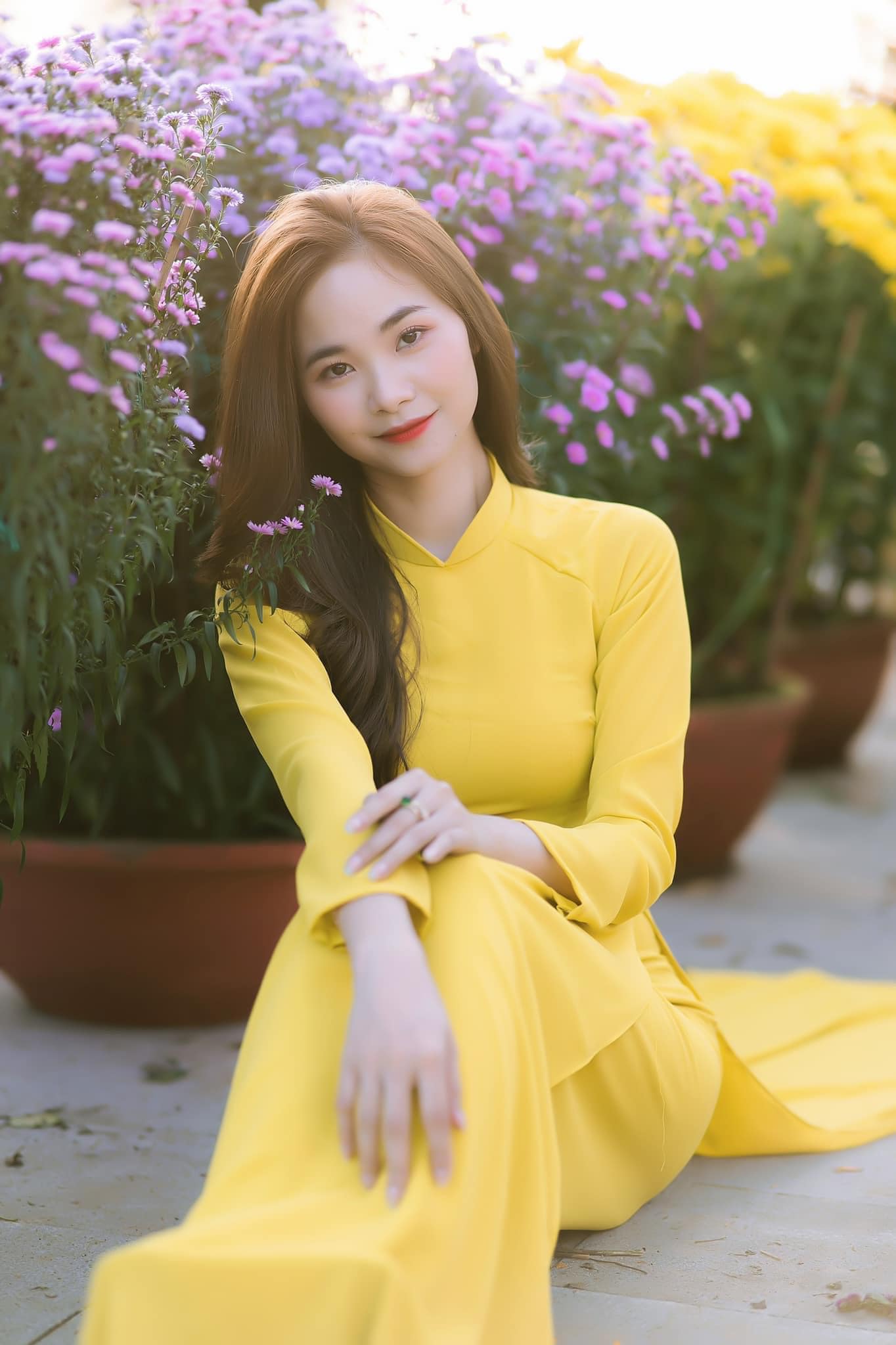 760 shipnhanh Áo + quần - Áo dài lụa chiffon 4 tà màu vàng - Cocolilistore