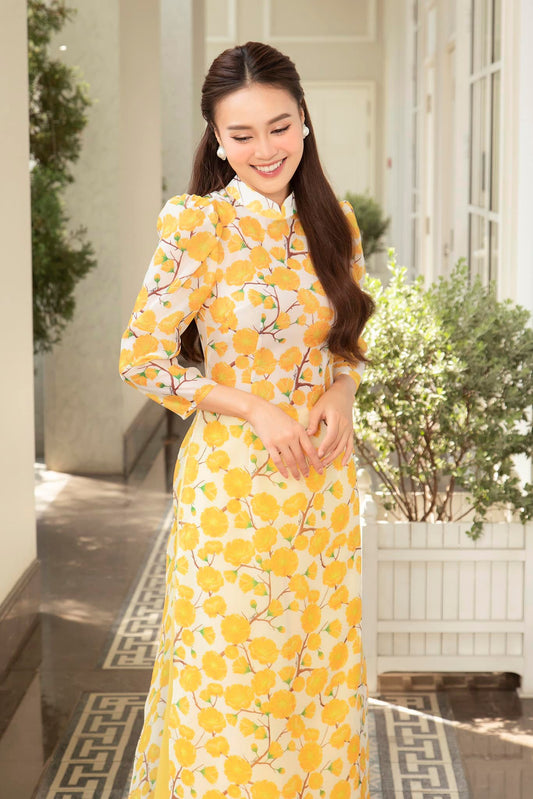 T64 only áo - Áo dài tơ 4 tà tay bồng hoa vàng