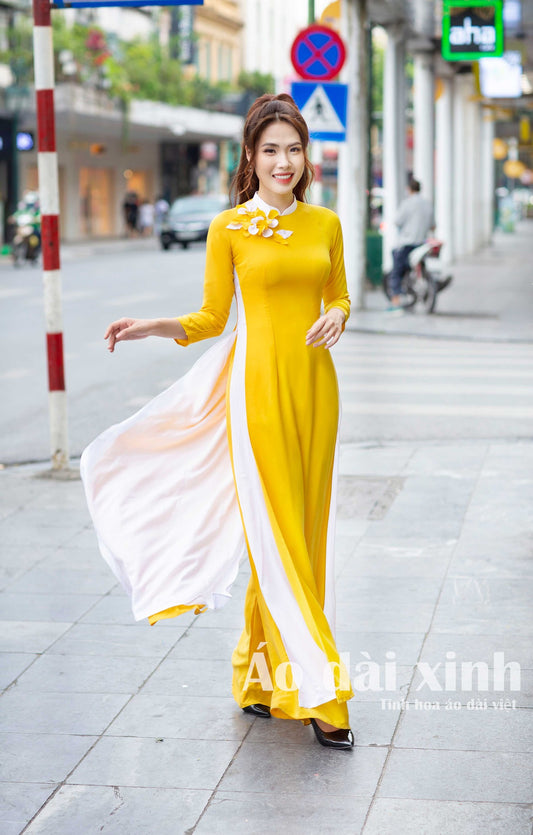 M43 3463 áo Only - Áo dài 4 tà chiffon đính hoa màu vàng tươi