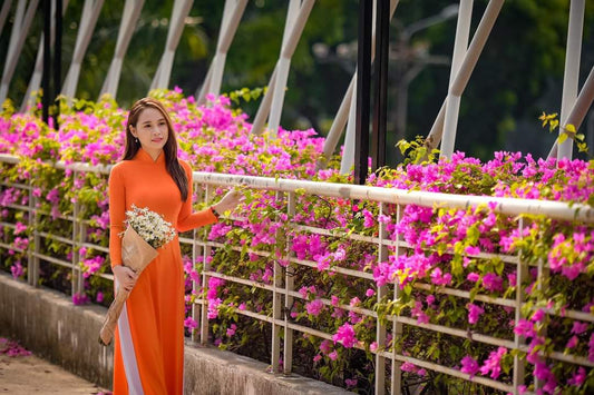 K111 shipnhanh - Only áo - Áo dài chiffon 4 tà màu cam cà rốt - Cocolilistore