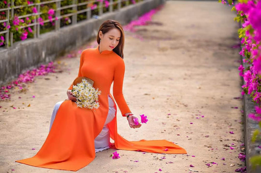 K111 shipnhanh - Only áo - Áo dài chiffon 4 tà màu cam cà rốt - Cocolilistore