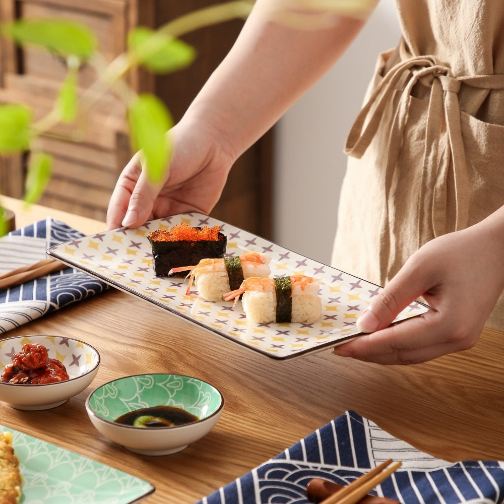 Pre-Order Set Ăn Sushi Sứ Cao Cấp 2 Đĩa Sushi, 2 Đĩa Nhúng, 2 Đôi Đũa Tre - Cocolilistore